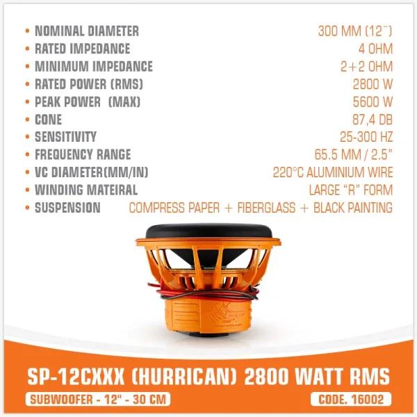 Subwoofer SP Audio SP-12CXXX, Hurrican, 12”/30cm 2800W RMS - Image 3